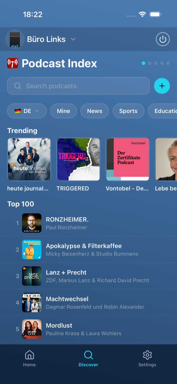 Podcast catalog with country, categories, Trending and Top 100