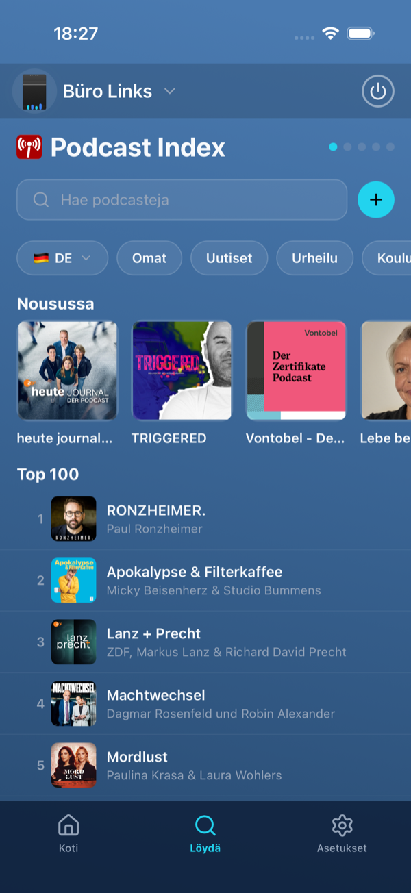 Podcast-luettelo: maa, kategoriat, Nousussa ja Top 100