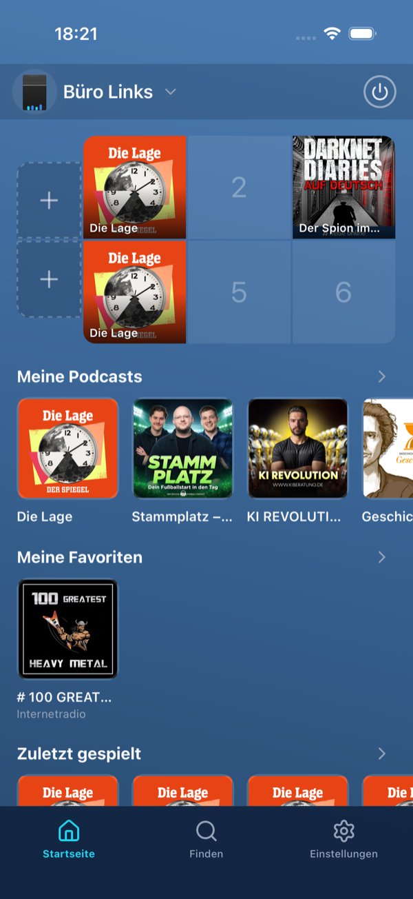Startseite mit dem Band Meine Podcasts und der Zahl neuer Folgen