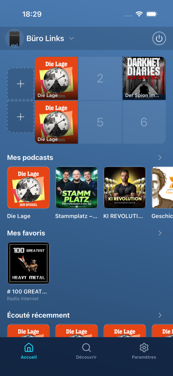 Accueil avec le bandeau Mes podcasts et le nombre de nouveaux épisodes