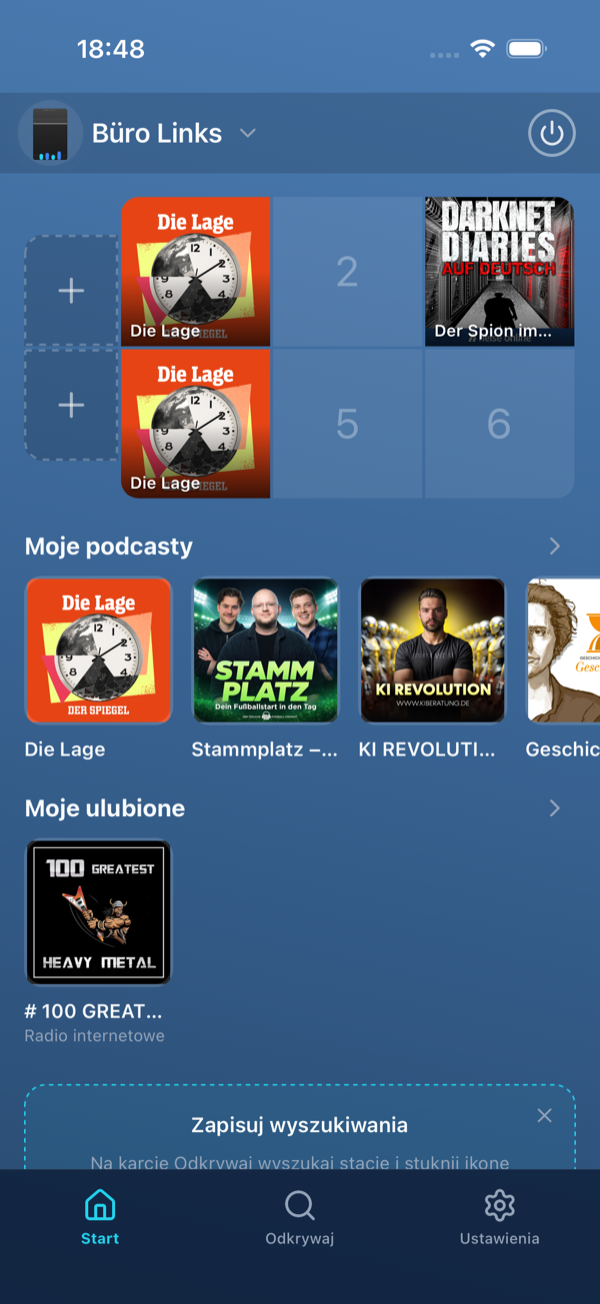 Ekran Start z paskiem Moje podcasty i liczbą nowych odcinków